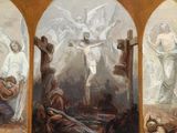 three paintings of jesus on the cross and other religious figures