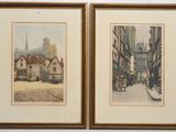 pair of watercolor paintings of a street scene with a church steeple in the background