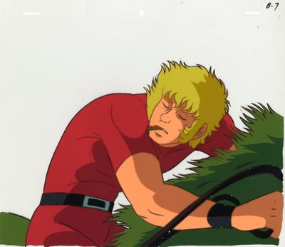 cellule d'animation représentant un homme vêtu d'une chemise rouge et d'une ceinture noire