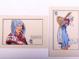 deux cartes avec le dessin d'une femme tenant un panier et d'un homme portant un panier