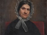 un tableau représentant une femme en robe noire coiffée d'un bonnet blanc