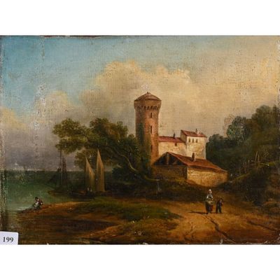 une peinture à l'huile représentant un château au bord d'un lac