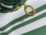 a green and white striped tie with a gold ring on it