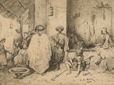 an old drawing of a group of people standing in a room