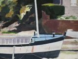 a painting of a boat sitting on the beach