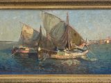 an oil painting of a sailboat in a body of water with other boats in the background