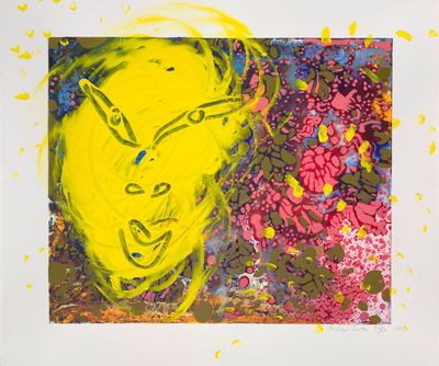painting of a woman ' s face with yellow paint on a white background