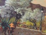 an oil painting of a man riding a horse down a dirt road