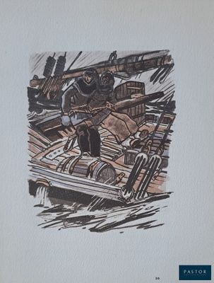 un dessin représentant un homme dans un bateau sur l'eau