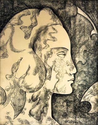 dessin représentant le visage d'une femme avec un serpent sur la tête