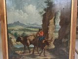 painting of two oxen pulling a cart in a mountainous landscape