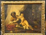un vieux tableau représentant deux femmes et un bébé dans une pièce