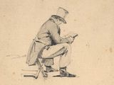 a drawing of a man sitting on a chair reading a book