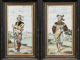 deux tableaux encadrés représentant des hommes en costume d'époque, debout l'un à côté de l'autre