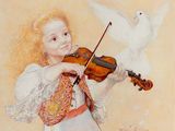 a painting of a girl playing a violin with a bird on her shoulder