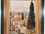 un tableau représentant un paysage avec une maison et des arbres