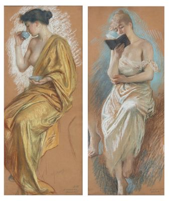two paintings of a woman reading a book and a woman reading a book