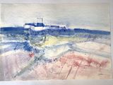 watercolor painting of a house on a beach with a blue sky