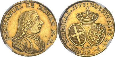 a gold coin with a crown and a cross on it