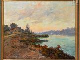 an image of a painting of a landscape with a body of water in the foreground