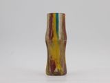 a small glass vase with a multicolored design on it