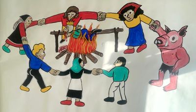 dessin représentant un groupe de personnes se tenant par la main autour d'un feu de camp