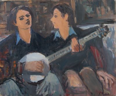tableau représentant un homme et une femme jouant de la guitare devant un mur de briques