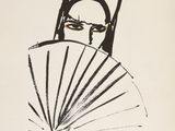 an image of a black and white drawing of a man with a fan