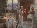 un tableau représentant une femme tenant un bébé dans une chambre d'hôpital