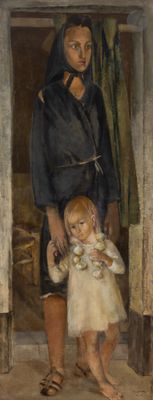 tableau représentant une femme et un enfant debout dans l'embrasure de la porte d'une maison