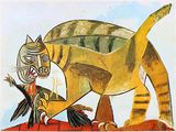 un tableau représentant un chat avec un oiseau sur le dos