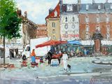 a painting of a street scene with people walking around