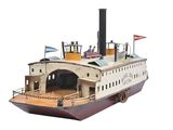 a model of a steamboat boat on display on a white background