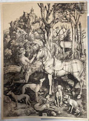 a picture of a painting of animals in a forest