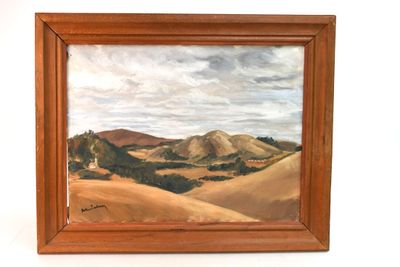 une peinture à l'huile représentant un paysage avec des collines et des arbres