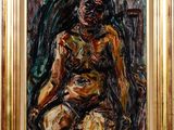 an oil painting of a woman sitting in a chair holding a baby