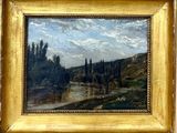 tableau représentant un paysage avec une rivière et des arbres, dans un cadre doré