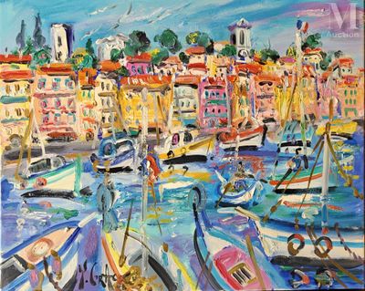 painting of boats in a harbor with a city in the background