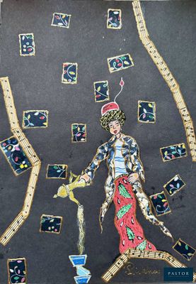 le dessin d'un homme portant un chapeau et un pantalon rouge, tenant un verre