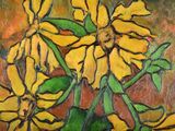 a painting of yellow flowers in a vase on a table