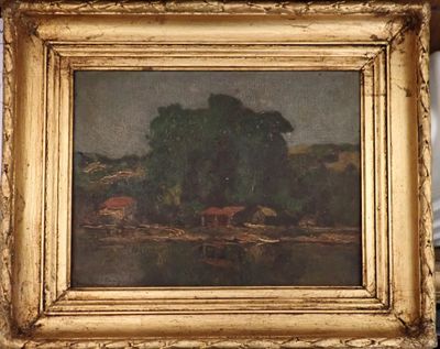 une image d'un tableau représentant un paysage dans un cadre doré