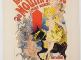 a poster for the moulinin rose show in paris, featuring a woman on a horse and a man