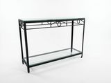 a glass console table with a metal frame and glass top