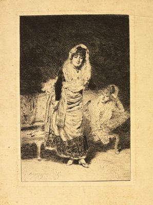 une vieille photo d'une femme debout devant un mouton