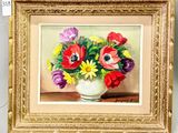a painting of flowers in a white vase on a table