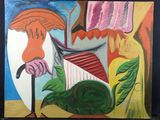 une image représentant un tableau où l'on voit une femme avec un oiseau posé sur une table