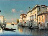 a painting of a gondola going down a canal