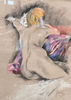 drawing of a nude woman sitting on a couch with her back to the camera