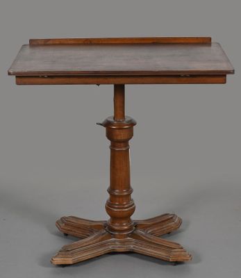 a wooden table with a wooden top and a wooden base
