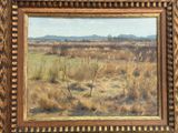 an oil painting of a landscape with a field of grass and trees